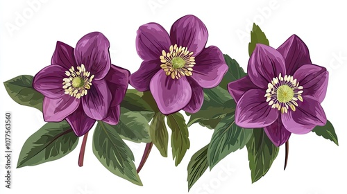 Three Purple Flowers with Green Leaves on a White Background