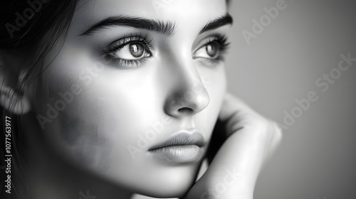 A Moment of Introspection: Close-Up black and white Shot of a Woman Lost in Contemplative Thoughts Against a White Background