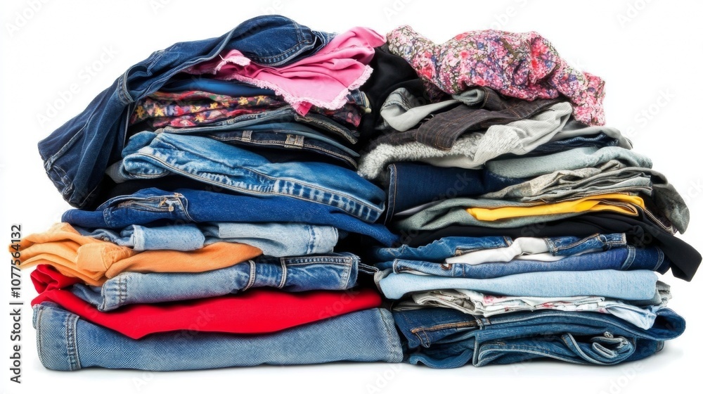 jeans and clothes piled up on white background jeans and clothes piled up on white background