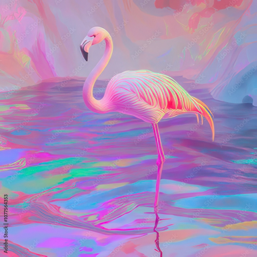 Fototapeta premium A vibrant pink flamingo stands gracefully on a shimmering, iridescent water surface.