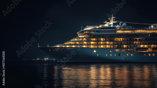 A luxurious cruise ship illuminated at night near the water.