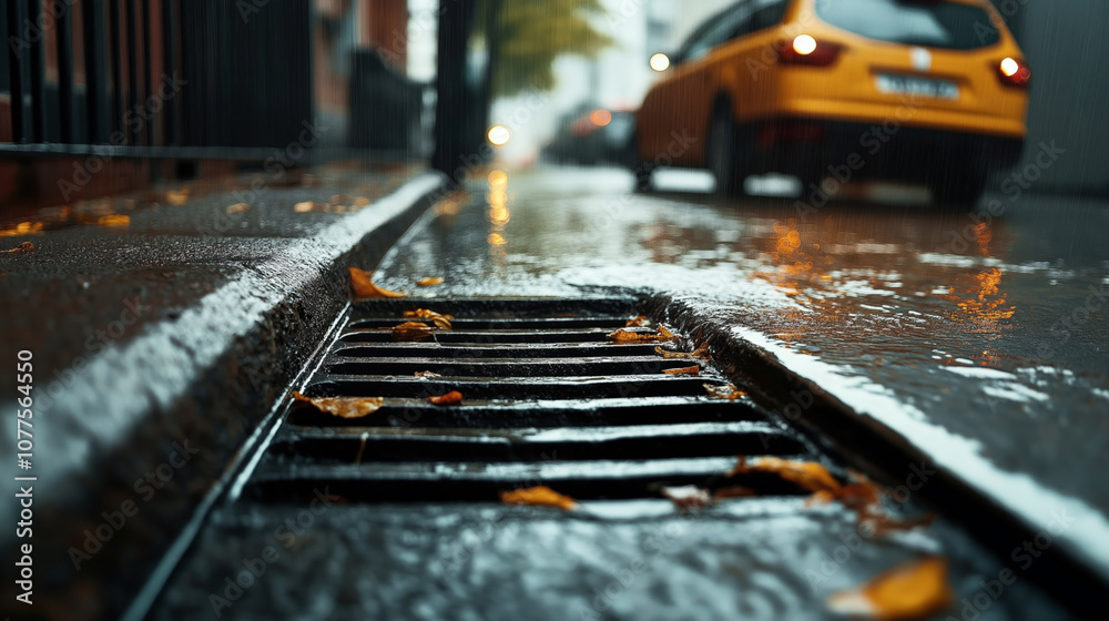 Wet street scene with focus on a storm drain in foreground, fallen leaves, and a blurred yellow car driving away in the background on a rainy day.
