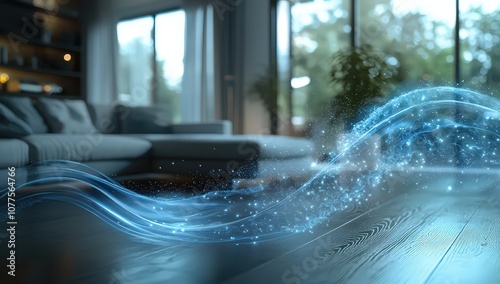 A blue wave of air flowing from a white indoor split AC unit in the background, a white living room