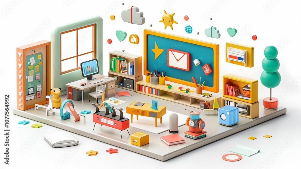 3D Isometric Representation of a Colorful Office Space