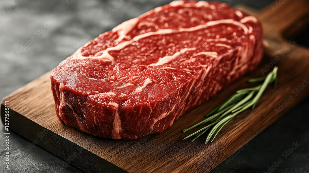 Raw ribeye steak on a wooden cutting board with fresh rosemary sprigs, ready for cooking preparation