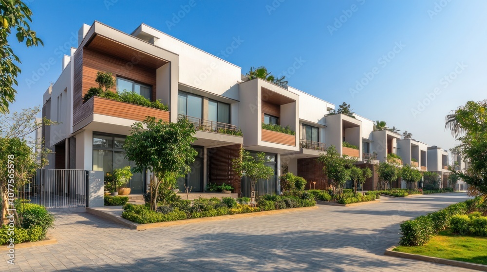 Modern Row of Houses with Green Landscaping Modern Row of Houses with Green Landscaping