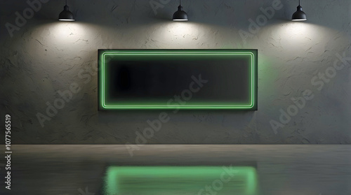 Blank Neon Green Sign With Glossy Surface Mounted On Dark Textured Wall Illuminated By Overhead Lights Creating Futuristic Ambiance