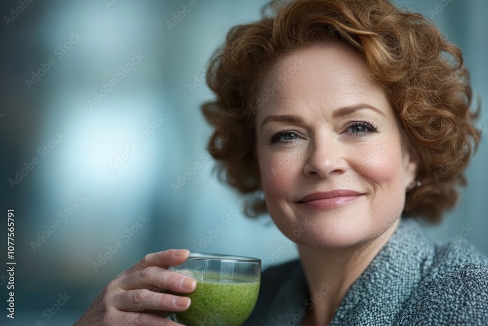 Mature woman smiling indoors with green smoothie in hand Mature woman smiling indoors with green smoothie in hand