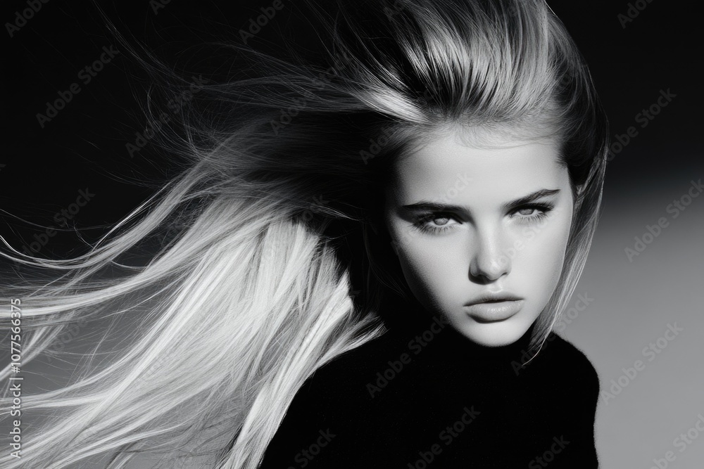 Fototapeta premium Monochrome portrait of a woman with flowing hair