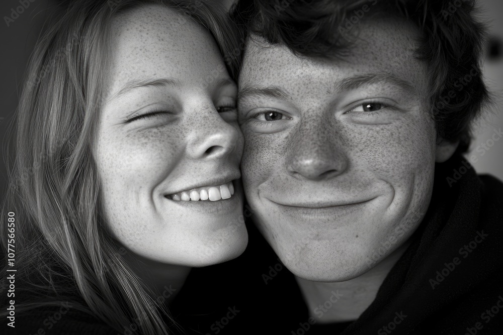 Joyful moment of a happy couple smiling together in black and white close-up Joyful moment of a happy couple smiling together in black and white close-up