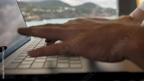 Vanlife remote work with keyboard in focus in a mobile workspace in nature