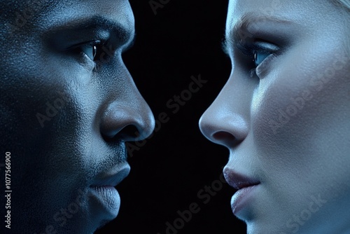 Dramatic portrait of two diverse individuals facing each other against black background