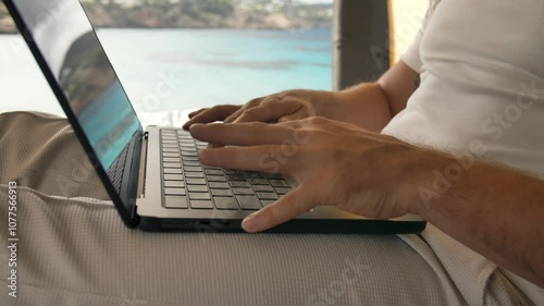 Vanlife and remote work keyboard focus with peaceful nature in the background