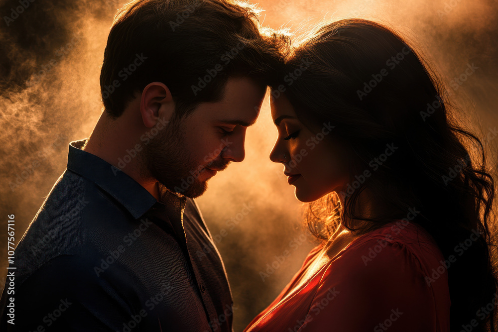 Romantic couple embracing in warm, golden light with an intimate and dreamy atmosphere highlighting their connection. Romantic couple embracing in warm, golden light with an intimate and dreamy atmosphere highlighting their connection.