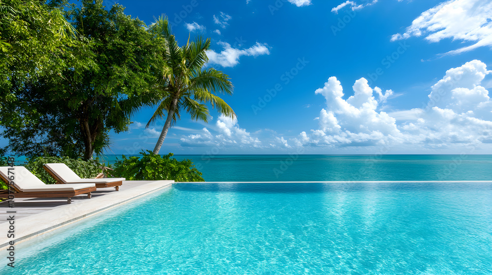 Fototapeta premium An extravagant infinity pool overlooking the ocean, with sun loungers and tropical landscaping. A stunning poolside view.