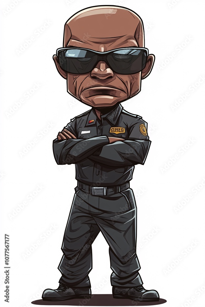 Cartoon security guard with sunglasses and a stern pose Cartoon security guard with sunglasses and a stern pose