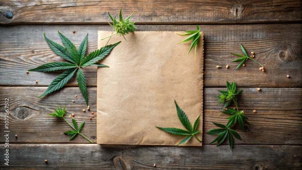 Cannabis Leaves and Seeds Surrounding a Blank Paper on Rustic Wooden Background Cannabis Leaves and Seeds Surrounding a Blank Paper on Rustic Wooden Background