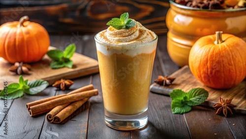 A creamy pumpkin spice latte with whipped cream, cinnamon sticks, and star anise on a rustic wooden table.