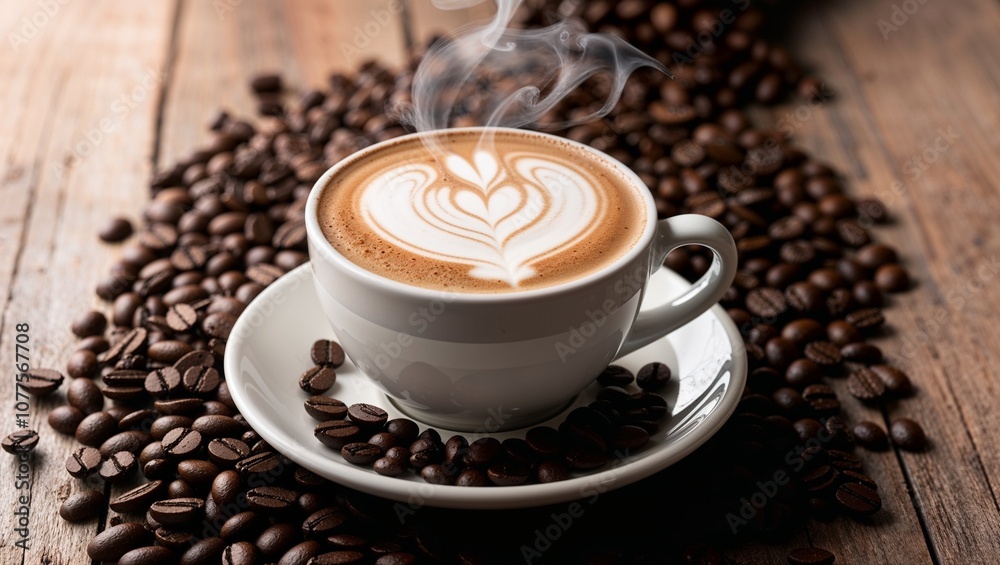 white ceramic cup filled with a freshly brewed cappuccino, placed on a matching saucer. white ceramic cup filled with a freshly brewed cappuccino, placed on a matching saucer.
