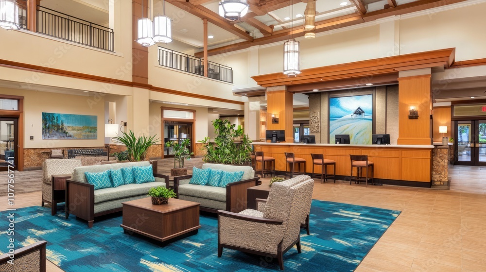 Modern and Inviting Lobby Interior of a Hospitality Space Showcasing Comfortable Seating, Elegant Lighting, and Welcoming Ambiance for Guests and Visitors Modern and Inviting Lobby Interior of a Hospitality Space Showcasing Comfortable Seating, Elegant Lighting, and Welcoming Ambiance for Guests and Visitors