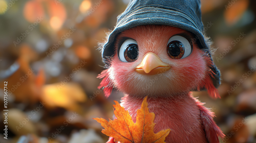 Cute little bird wearing a blue hat holds a fall leaf. Cute little bird wearing a blue hat holds a fall leaf.