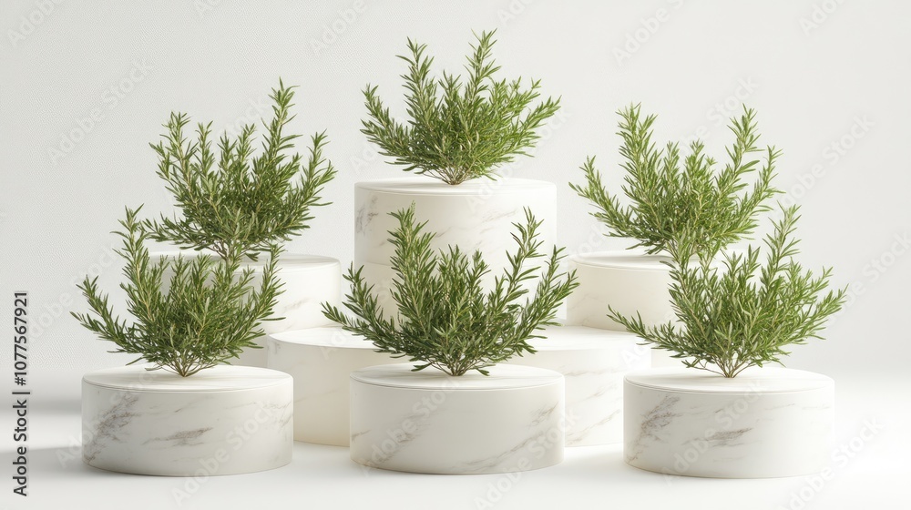 Lush green plants arranged on elegant marble pedestals, showcasing modern minimalism in home decor, perfect for adding a touch of nature and sophistication indoors.