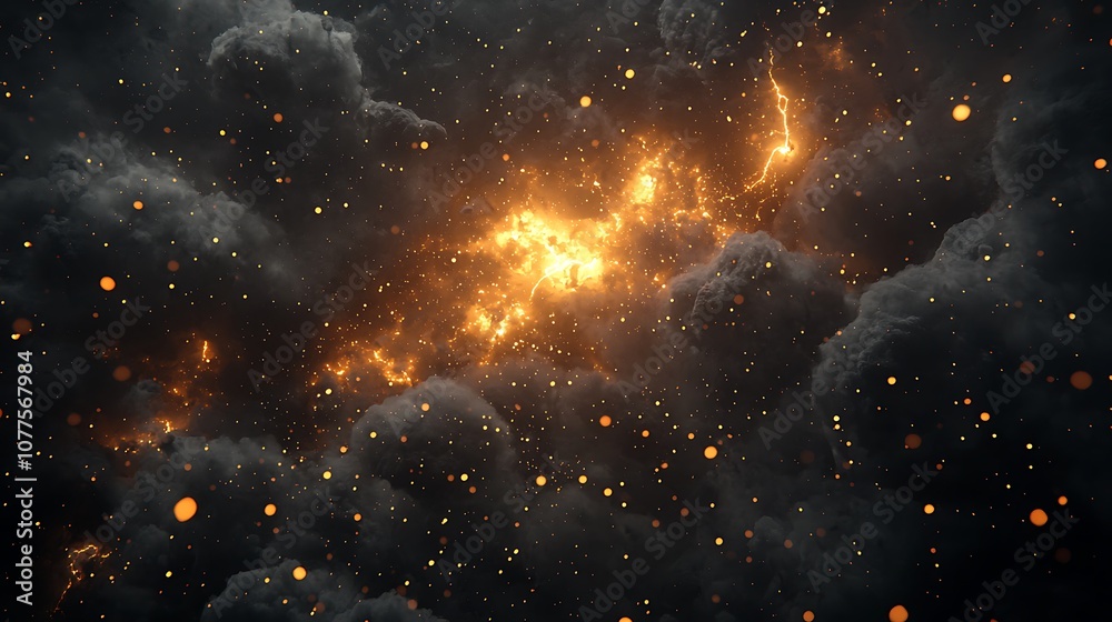 Obraz premium A stormy dark sky with black clouds and sparkling lightning from behind which the sun and direct sunlight are visible. 3d render