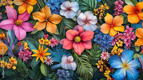 Raster illustration of Stylish floral seamless rapport summer flowers with foliage. Beautiful print for your decor and design, tropical flower pattern in a watercolor style. 3D artwork