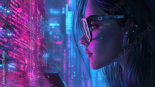 Wallpaper Mural Women in glasses reading html scripts, programming and cyber security research, plus data analytics and holograms of data. A coding or IT person in glasses is reading html scripts, programming Torontodigital.ca