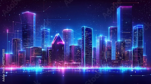 Futuristic infrastructure of a smart night city. Blue neon colors. Connection technology metaverse concept. Night city banner with big data. Device connection