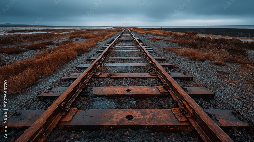 Obraz premium Rustic railway track extending into the horizon, surrounded by dry grass and a moody sky