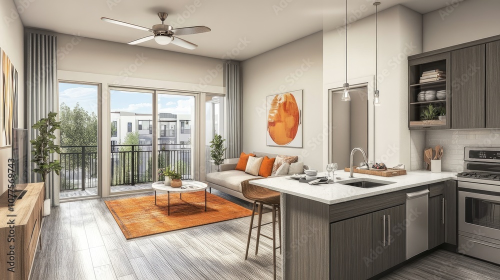 Fototapeta premium Modern Apartment Interior with Open Concept Living Area, Bright Natural Light, Stylish Furniture, and Scenic View from Balcony in a Contemporary Setting