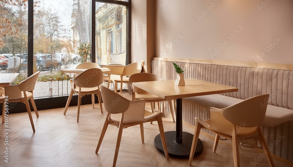 Beige cafe interior with chairs and tables in row, dining space near window