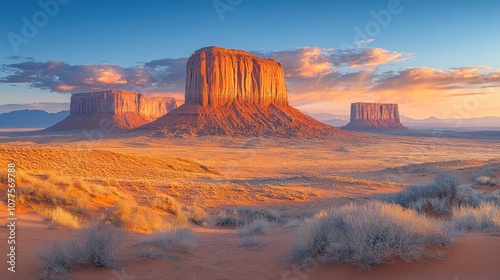 Majestic desert landscape with iconic rock formations at sunset.