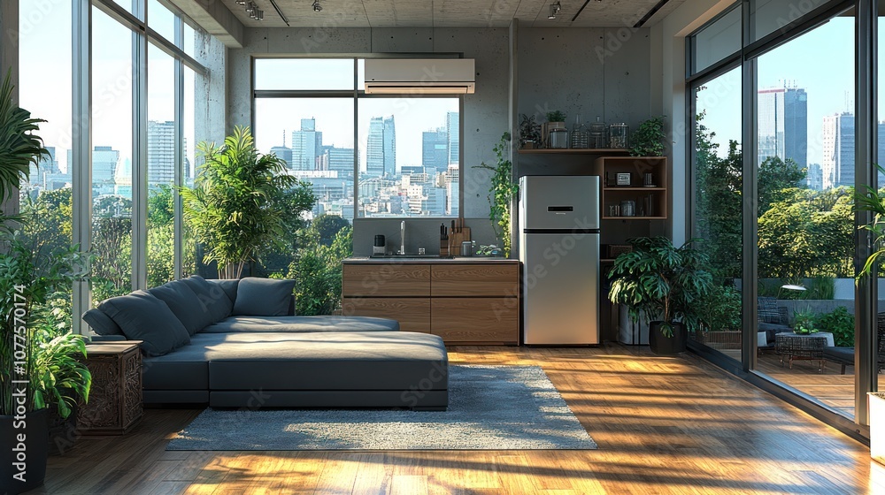 Fototapeta premium Modern living room with city view and greenery.