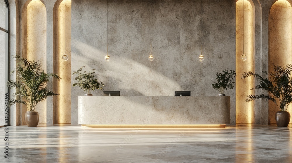 Modern Reception Area with Elegant Design, Natural Light, Decorative Plants, and Warm Ambiance in a Sophisticated Interior Setting Modern Reception Area with Elegant Design, Natural Light, Decorative Plants, and Warm Ambiance in a Sophisticated Interior Setting
