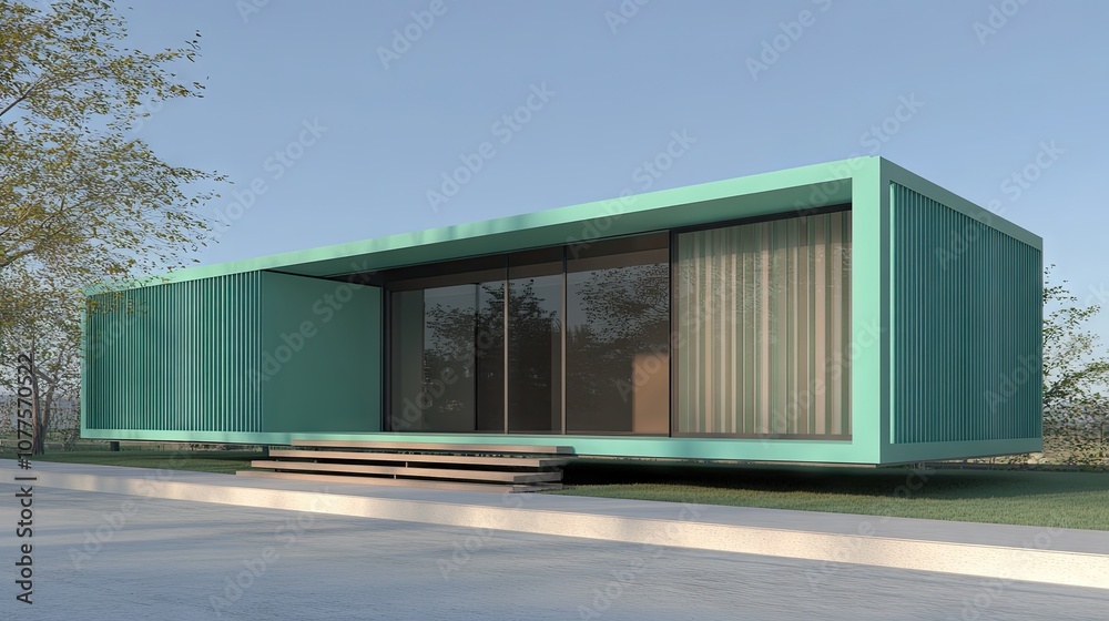 Modern Minimalist House Design with Green Facade Surrounded by Nature, Featuring Large Windows and a Sleek, Contemporary Aesthetic in a Tranquil Setting Modern Minimalist House Design with Green Facade Surrounded by Nature, Featuring Large Windows and a Sleek, Contemporary Aesthetic in a Tranquil Setting