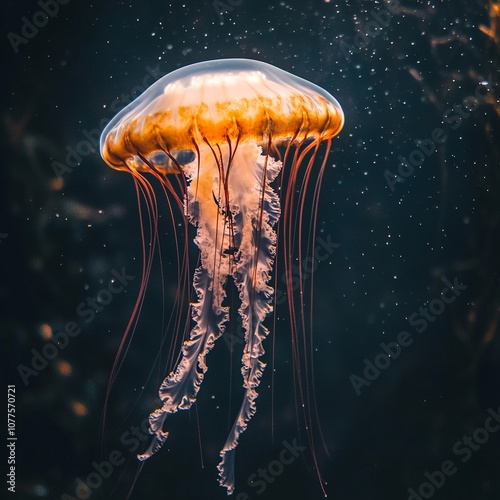 Close Up of a Glowing Jellyfish in Deep Ocean, Umbrella Shaped Top Radiating Warm Orange and Pink Hues