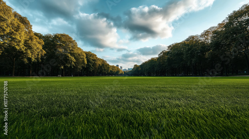 Wide green lawn with rows of trees on either side under a partly cloudy sky, distant city skyline visible photo