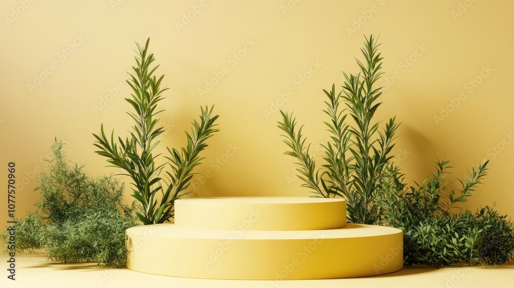 Minimalist Composition with Circular Yellow Pedestal Surrounded by Lush Green Plants on a Soft Yellow Background for Creative Illustrations Minimalist Composition with Circular Yellow Pedestal Surrounded by Lush Green Plants on a Soft Yellow Background for Creative Illustrations