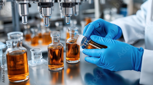 Technician wearing blue gloves working with brown liquid in glass laboratory vials near advanced bottling equipment in a clean laboratory setting.