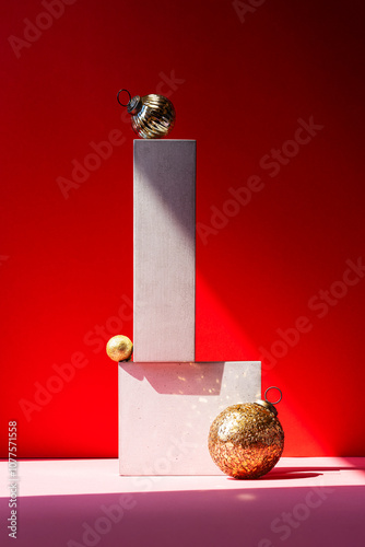 Sculpture like stack of concrete blocks and Christmas ornaments