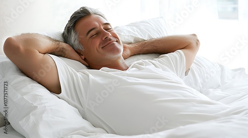 Happy contented man stretches in bed after a good sleep