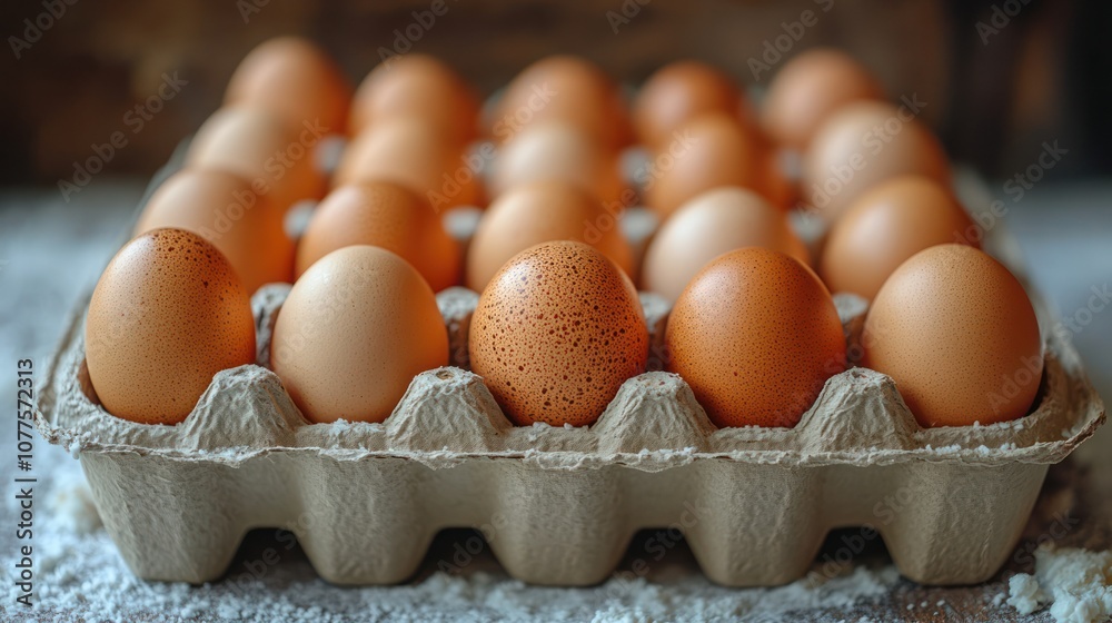 A carton of brown eggs on a rustic wooden table with flour sprinkled around. A carton of brown eggs on a rustic wooden table with flour sprinkled around.