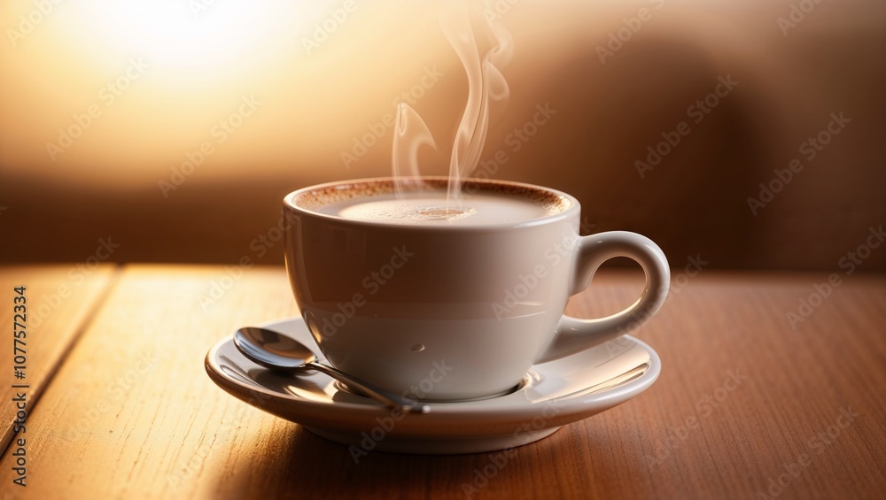 a steaming cup of coffee placed on a wooden table. a steaming cup of coffee placed on a wooden table.