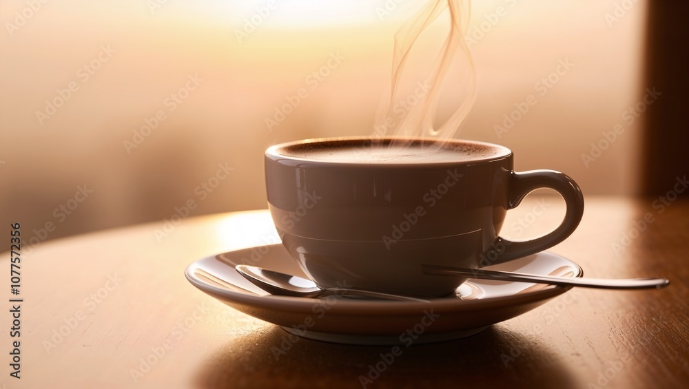 a steaming cup of coffee placed on a wooden table. a steaming cup of coffee placed on a wooden table.