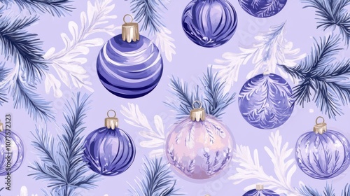 A seamless pattern of purple and blue Christmas ornaments against a light purple background.
