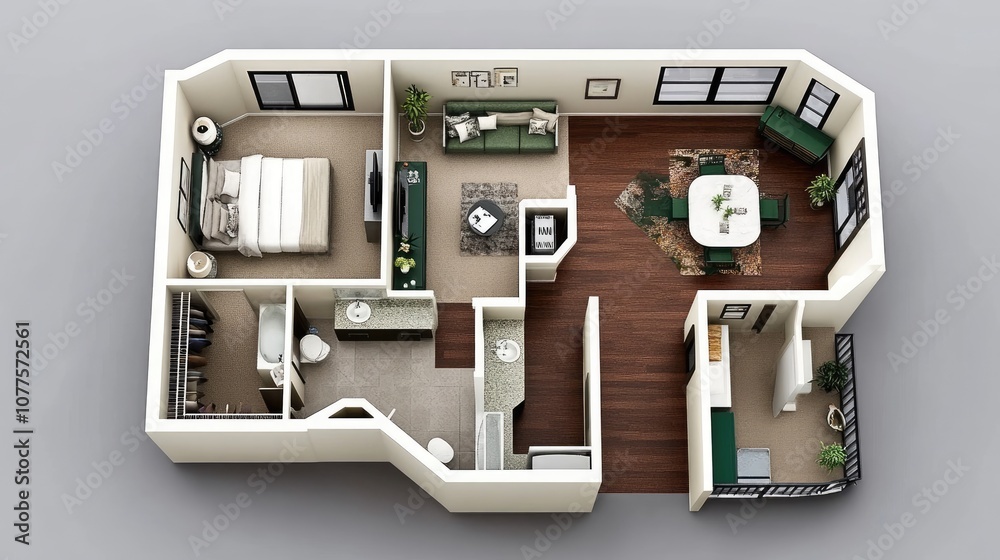 Detailed 3D Floor Plan of Modern Apartment Featuring Living Room, Bedroom, Dining Area, Kitchen, and Cozy Decor Elements for Real Estate and Interior Design Use Detailed 3D Floor Plan of Modern Apartment Featuring Living Room, Bedroom, Dining Area, Kitchen, and Cozy Decor Elements for Real Estate and Interior Design Use