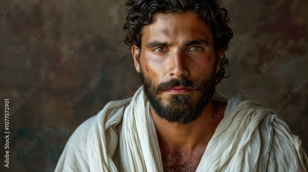 Fototapeta premium Close-up portrait of a young man with a beard and a white robe, looking directly at the camera.