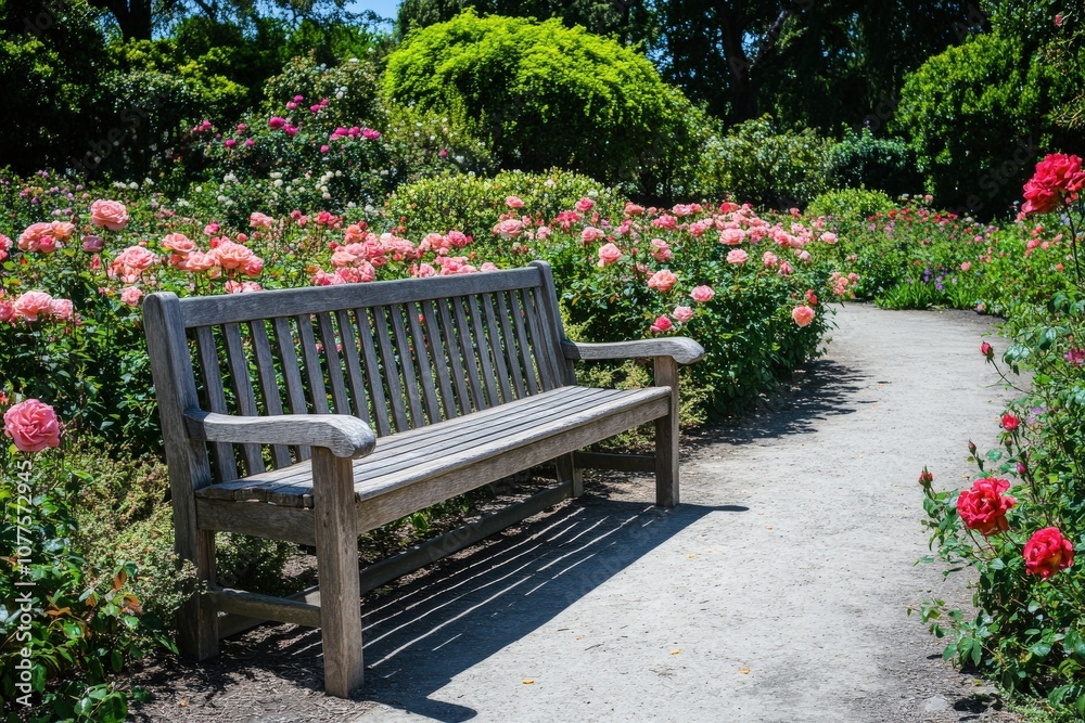Wooden Bench in a Garden Pathway Lined with Pink Roses Wooden Bench in a Garden Pathway Lined with Pink Roses
